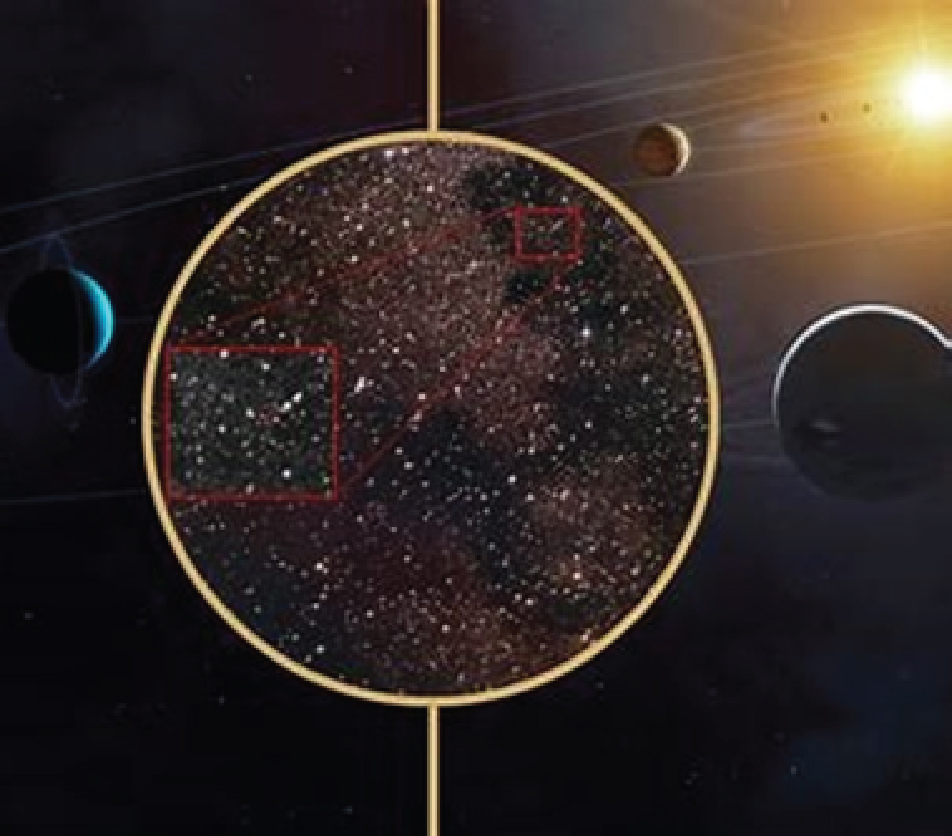 NASA image showing Comet 31/ATLAS with zoomed star-field insets and surrounding planets in interstellar space