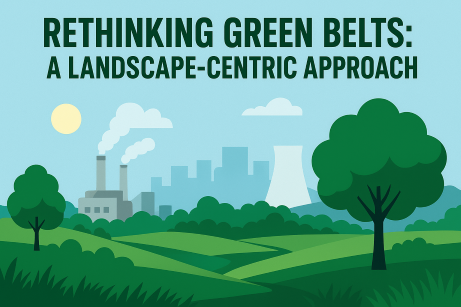 Infographic illustrating landscape-centric green belt planning with factories, greenery, and environmental responsibility themes